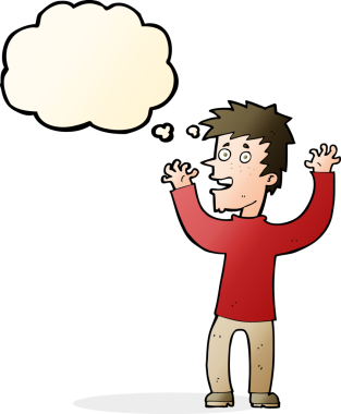 Bir insan tarafından çizilmiş düşünce baloncuğu ile heyecanlı bir adam.