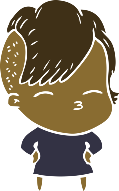 Düz renkli çizgi film çizen kız bir insan tarafından çizilmiş.