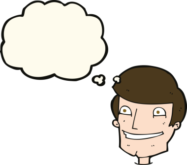 Bir insan tarafından çizilmiş düşünce baloncuğu ile sırıtan çizgi film adamı.