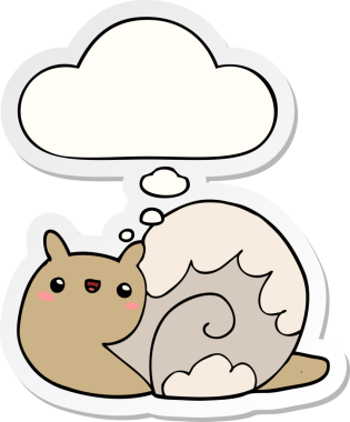 Düşünce baloncuklu tatlı çizgi film salyangozu insan tarafından çizilmiş bir çıkartma.