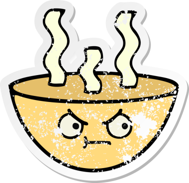 Bir insan tarafından çizilmiş sıcak çorba kasesinin hüzünlü çıkartması.