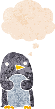 Düşünce baloncuğu olan karikatür pengueni bir insan tarafından çizilmiş dertli retro desenli.