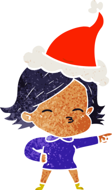 Bir insan tarafından çizilmiş Noel Baba şapkası giyen bir kadının el çizimi karikatürü.