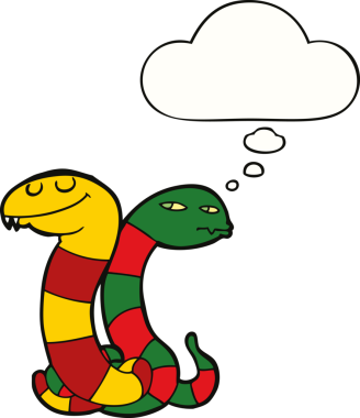 Bir insan tarafından çizilmiş düşünce baloncuklu çizgi film yılanları.