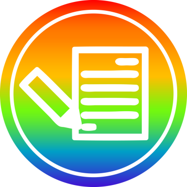 belge ve kalem dairesel simgesi gökkuşağı gradyanı bir insan tarafından çizilmiş