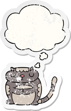 Düşünce baloncuğu olan sevimli çizgi film kedisi bir insan tarafından çizilmiş yıpranmış bir çıkartma gibi.