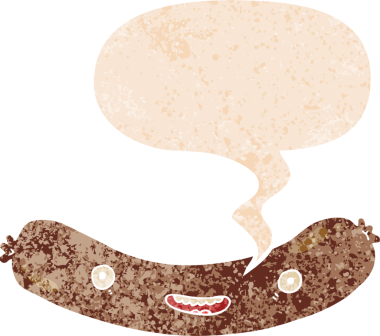 grunge 'da konuşma baloncuğu olan çizgi film sosisi bir insan tarafından çizilmiş rahatsız edilmiş retro dokuma tarzı