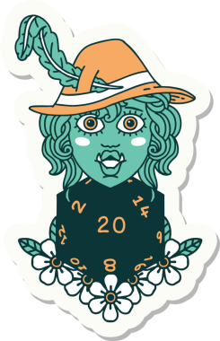 Bir insan tarafından çizilmiş 20 zarlı yarım ork şairin çıkartması.