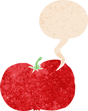 grunge 'da konuşma baloncuğu olan çizgi film domatesleri bir insan tarafından çizilmiş sıkıntılı retro dokuma tarzı