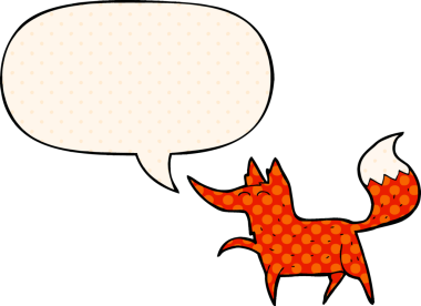 Bir insan tarafından çizilmiş çizgi roman tarzında konuşma balonu olan çizgi film tilkisi.