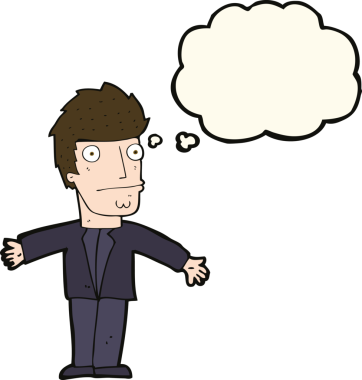 Bir insan tarafından çizilmiş düşünce baloncuğu olan kafası karışmış bir adam.