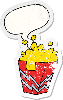 Bir insan tarafından çizilmiş sıkıntılı eski bir çıkartma, konuşma balonlu patlamış mısır kutusu.