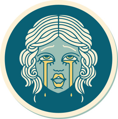 Geleneksel stil dövme çıkartması. Bir insan tarafından çizilmiş çok mutlu, ağlayan bir kadın yüzü.