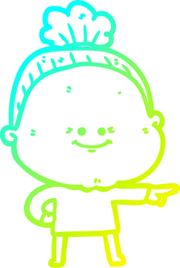 Bir insan tarafından çizilmiş, mutlu, yaşlı bir kadının çizimi.