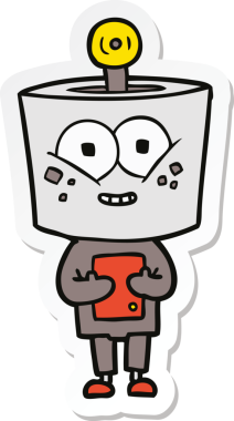 Bir insan tarafından çizilmiş mutlu çizgi film robotunun çıkartması.