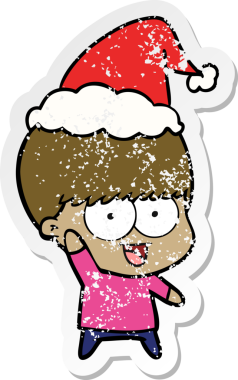 Mutlu el çizimi, bir insan tarafından çizilmiş Noel Baba şapkası takan bir çocuğun üzgün çıkartması.