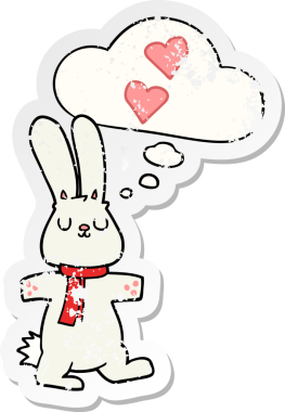 Düşünce baloncuğuna aşık çizgi film tavşanı insan tarafından çizilmiş yıpranmış bir çıkartma gibi.