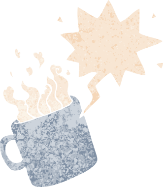 Bir insan tarafından çizilmiş, grunge 'de konuşma baloncuğu olan sıcak bir fincan çizgi film kahvesi.