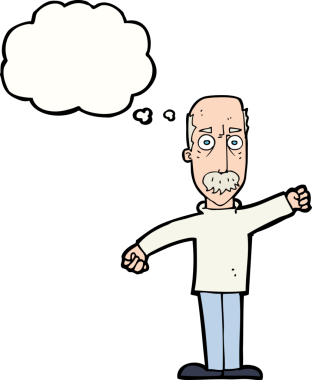 Bir insan tarafından çizilmiş düşünce baloncuğu olan kızgın yaşlı bir adam.