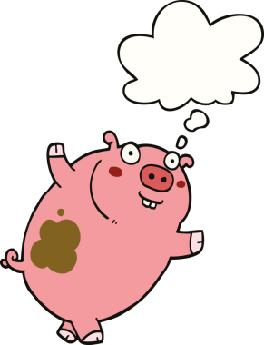 Bir insan tarafından çizilmiş düşünce baloncuklu komik domuz.