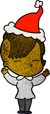 Bir insan tarafından çizilmiş Noel Baba şapkası giyen şaşı bir kızın el çizimi karikatürü.