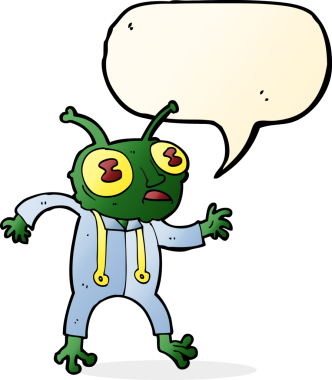 Bir insan tarafından çizilmiş konuşma balonu olan uzaylı uzay adamı çizgi filmi.