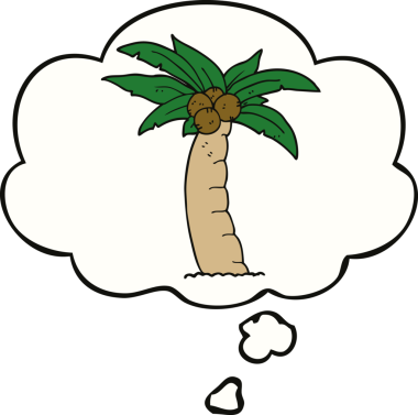 Bir insan tarafından çizilmiş düşünce kabarcığı olan çizgi film palmiye ağacı.