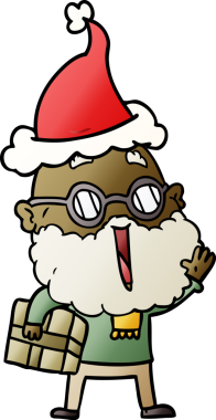 Bir insan tarafından çizilmiş Noel Baba şapkası giyen sakallı ve kolunun altında paket olan neşeli bir adamın el çizimi karikatürü.