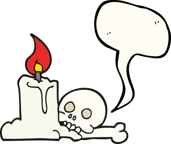 Bir insan tarafından çizilmiş serbest konuşma balonu karikatürü ürkütücü kafatası ve mum.