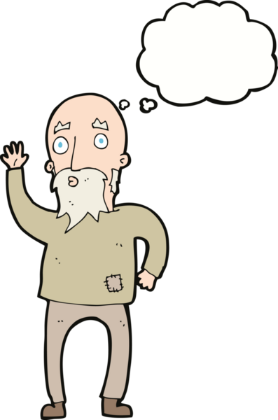 Bir insan tarafından çizilmiş düşünce baloncuğuyla el sallayan yaşlı bir adam.