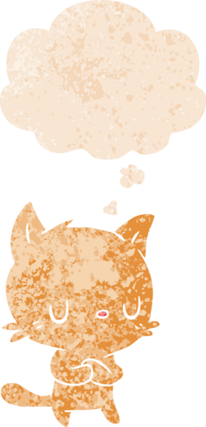 grunge 'da düşünce baloncuğu olan çizgi film kedisi bir insan tarafından çizilmiş dertli retro desenli