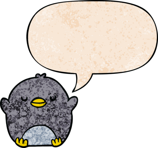 Bir insan tarafından çizilmiş, geçmişe dönük konuşma baloncuğu olan sevimli penguen çizgi filmi.