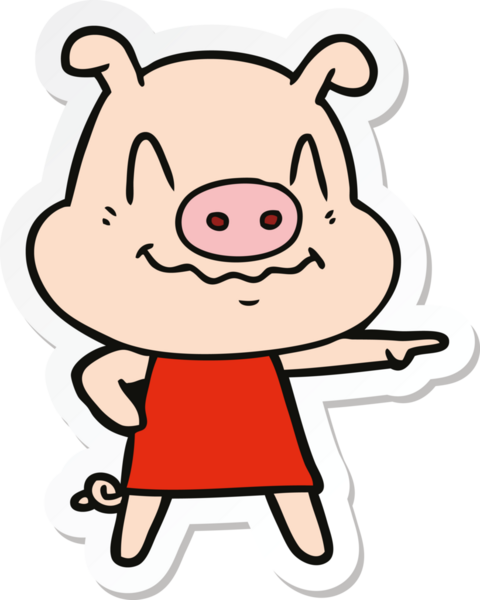 Bir insan tarafından çizilmiş bir elbise giyen sinirli bir domuzun çıkartması.