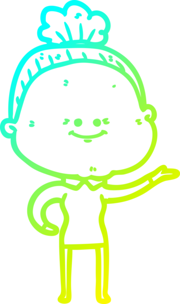 Bir insan tarafından çizilmiş, mutlu, yaşlı bir kadının çizimi.