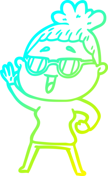 Bir insan tarafından çizilmiş gözlük takan mutlu bir kadının çizgi film çizimi.