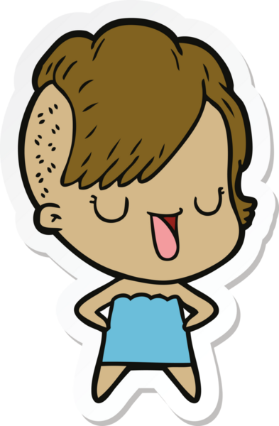 Hipster saç kesimi bir insan tarafından çizilmiş şirin bir çizgi film kızına ait etiket.