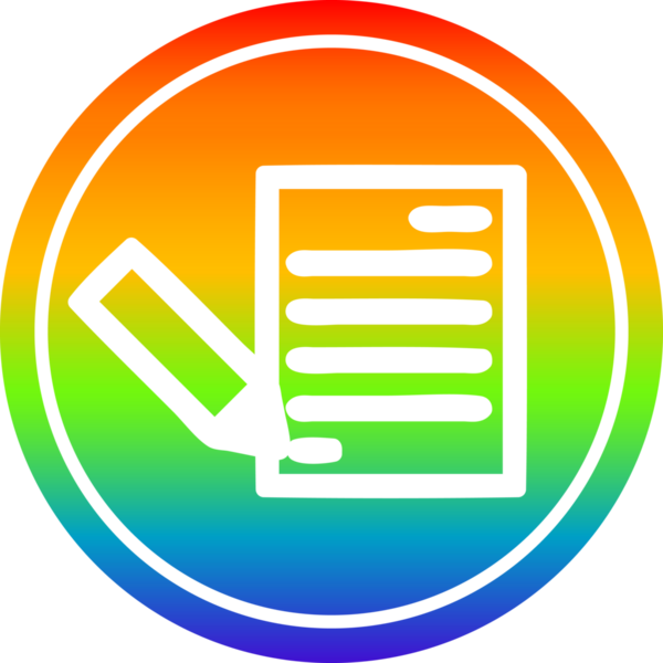 belge ve kalem dairesel simgesi gökkuşağı gradyanı bir insan tarafından çizilmiş