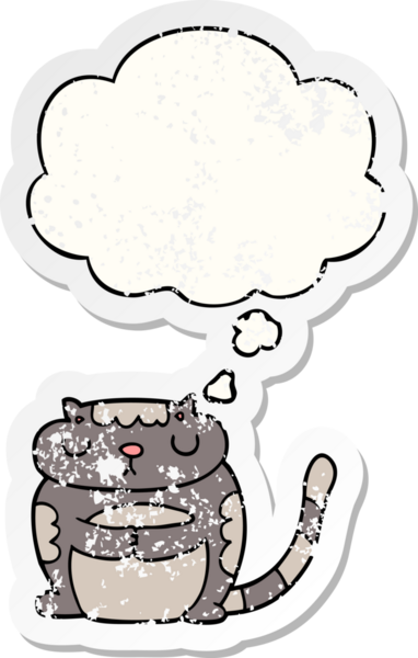 Düşünce baloncuğu olan sevimli çizgi film kedisi bir insan tarafından çizilmiş yıpranmış bir çıkartma gibi.