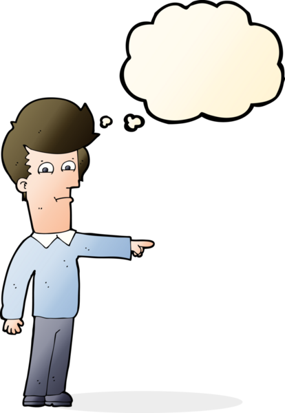 Bir insan tarafından çizilen düşünce baloncuğuyla işaret eden çizgi film adamı.