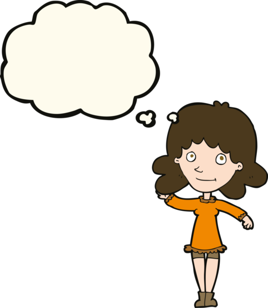 Karikatür dostu kadın bir insan tarafından çizilmiş düşünce balonuyla el sallıyor.