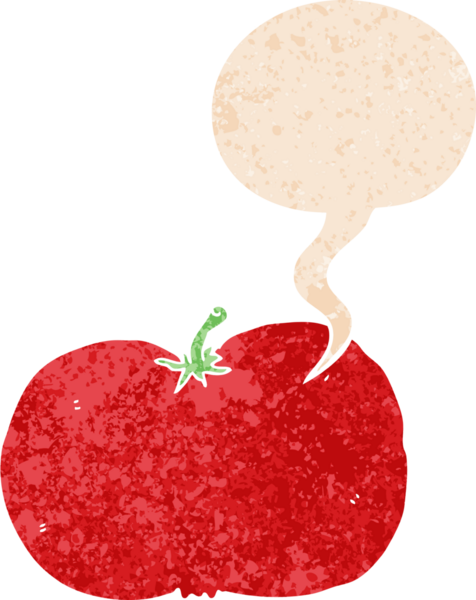 grunge 'da konuşma baloncuğu olan çizgi film domatesleri bir insan tarafından çizilmiş sıkıntılı retro dokuma tarzı