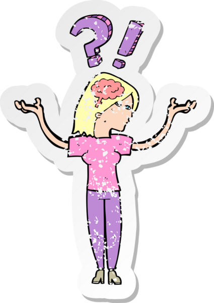 Bir insan tarafından çizilen soruları soran karikatürlü bir kadının gerilimli çıkartması.