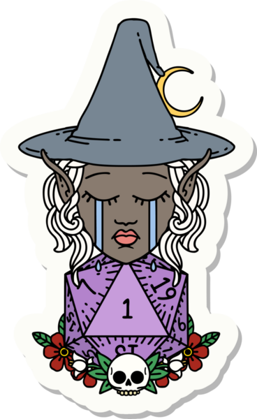 Ağlayan bir elf cadısının çıkartması. Bir insan tarafından çizilmiş doğal bir D20 rulosu.