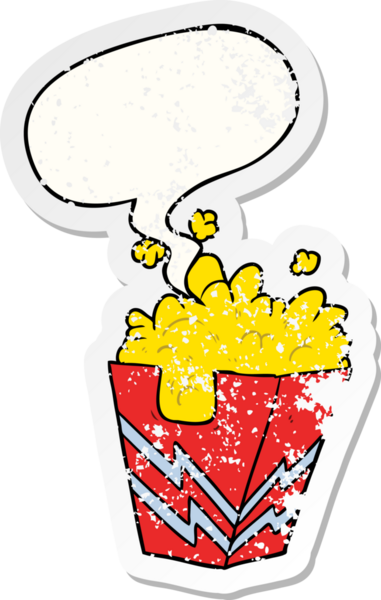 Bir insan tarafından çizilmiş sıkıntılı eski bir çıkartma, konuşma balonlu patlamış mısır kutusu.