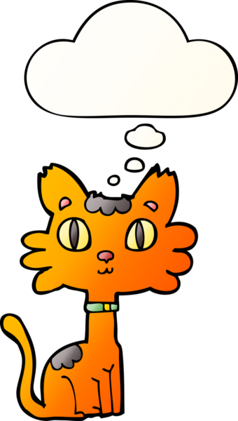 Bir insan tarafından çizilmiş yumuşak eğimli düşünce baloncuklu çizgi film kedisi.