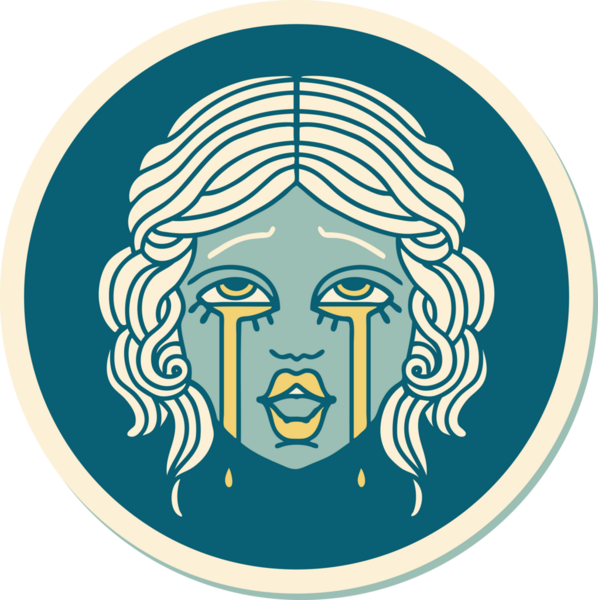 Geleneksel stil dövme çıkartması. Bir insan tarafından çizilmiş çok mutlu, ağlayan bir kadın yüzü.