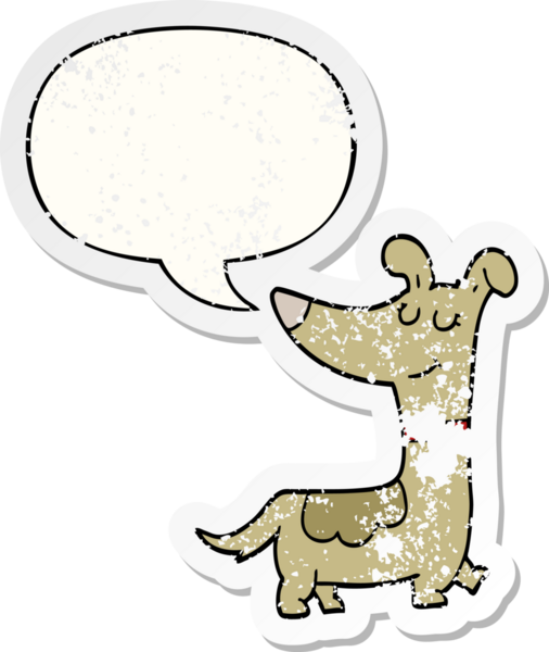 Konuşma baloncuğu olan çizgi film köpeği bir insan tarafından çizilmiş sıkıntılı eski bir çıkartma