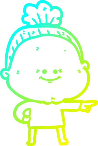 Bir insan tarafından çizilmiş, mutlu, yaşlı bir kadının çizimi.