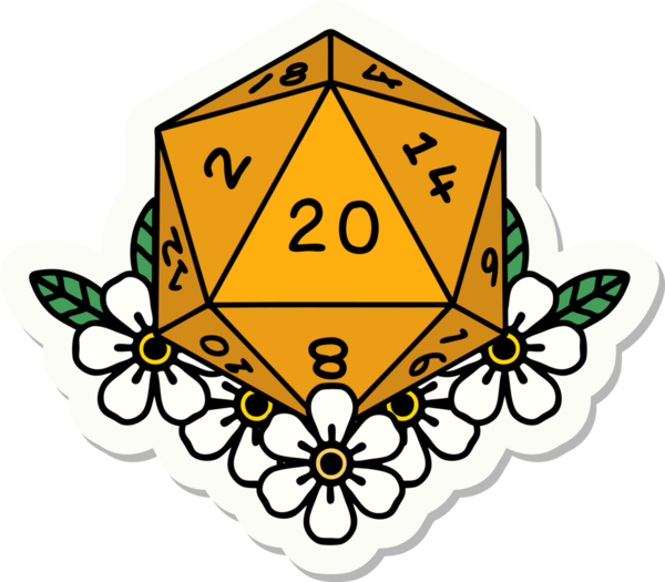 Bir insan tarafından çizilmiş 20 D20 zarının etiketi.
