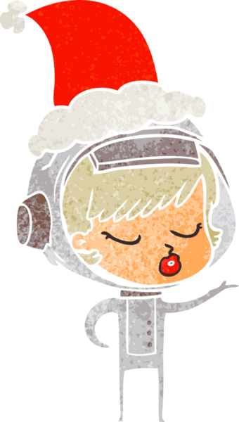 Bir insan tarafından çizilmiş Noel Baba şapkası giyen güzel bir astronot kızın el çizimi karikatürü.